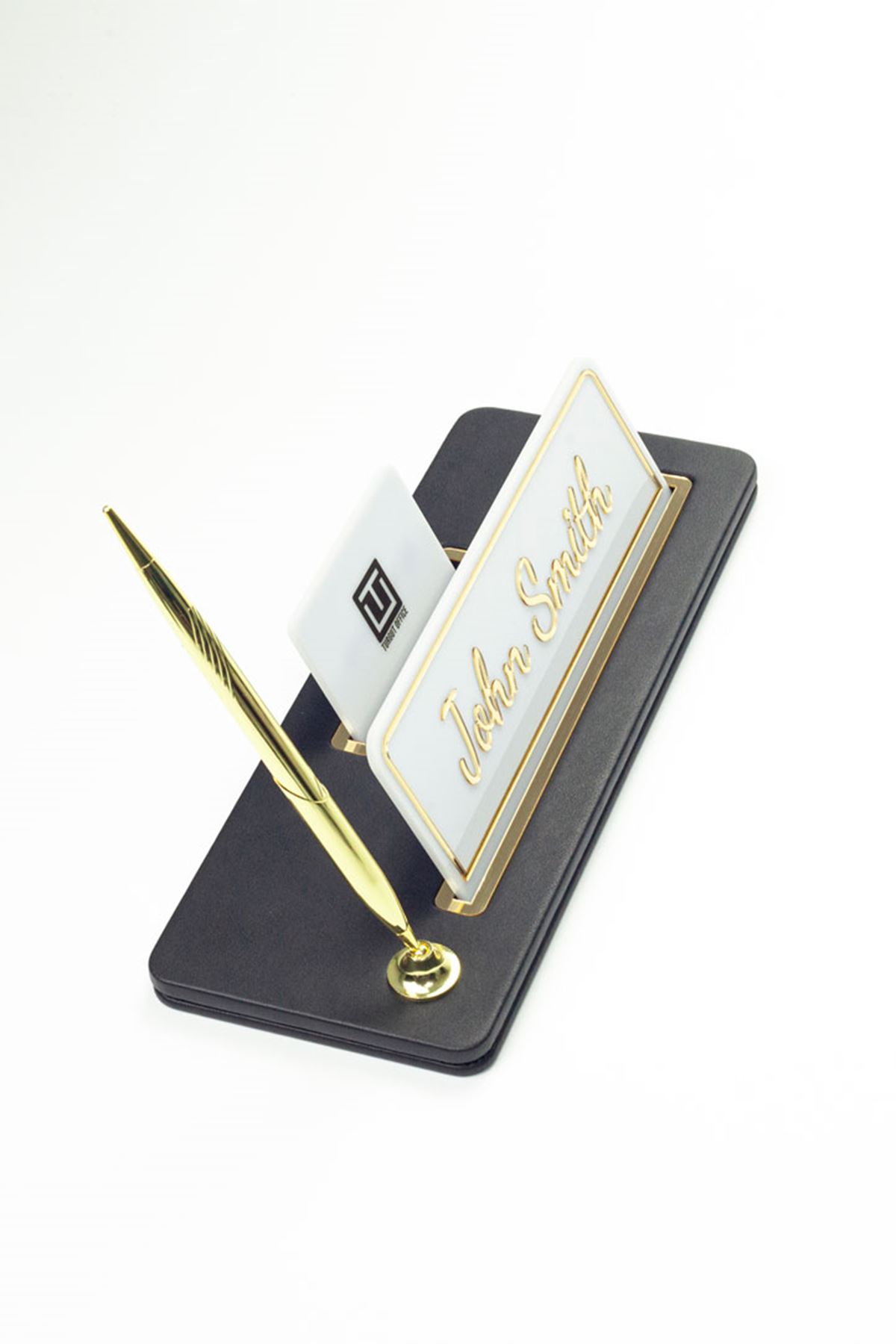 Cavalli Tek Kalemli Deri Masa İsimliği Düz Siyah Gold Detaylı