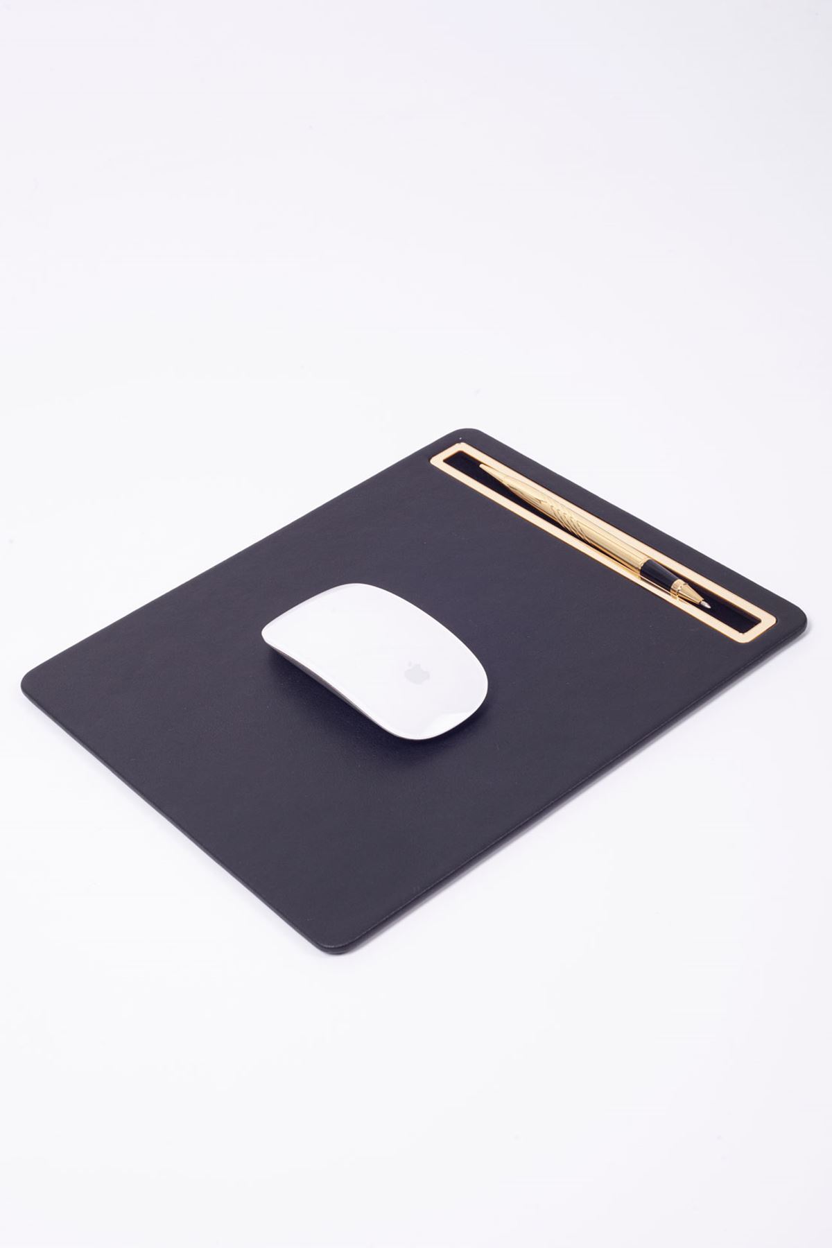 Deri Mousepad Düz Siyah Gold Detaylı
