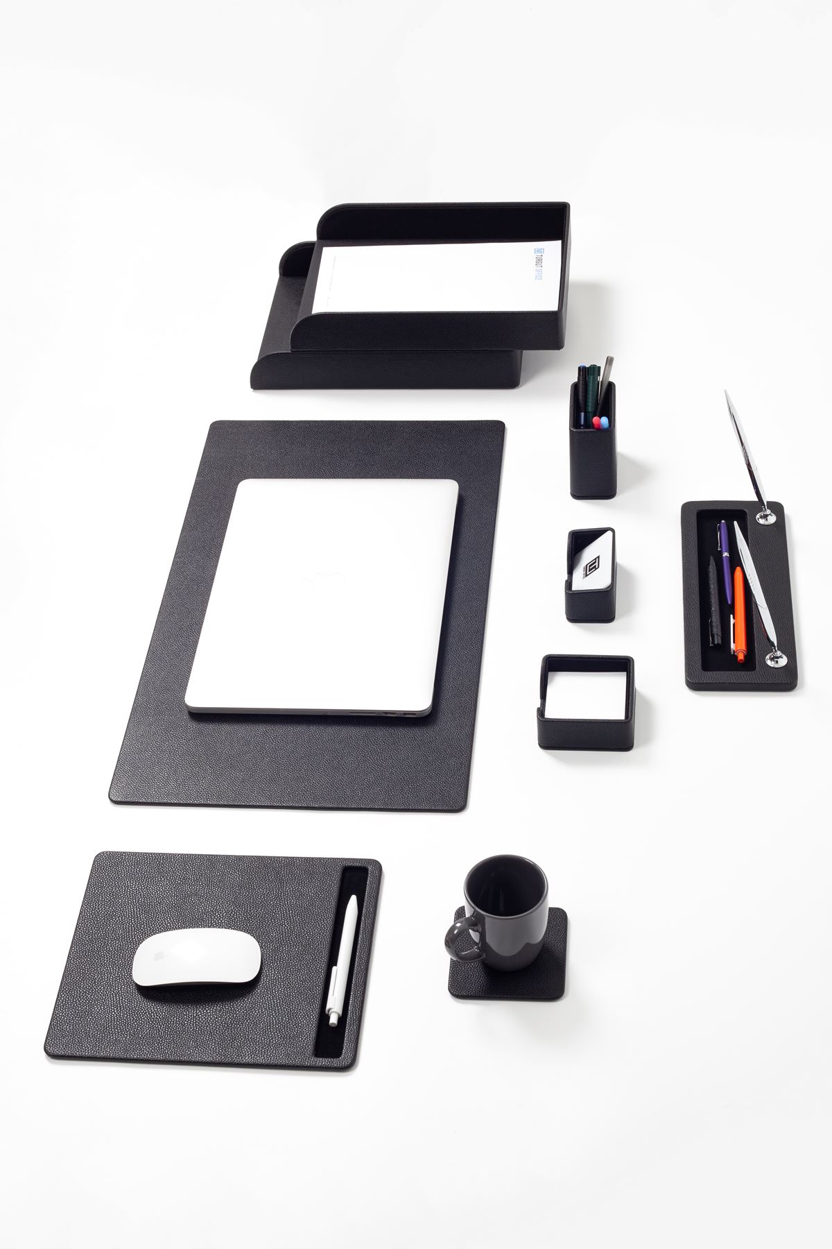 Milan Leather Desk Set Black 9 Pieces