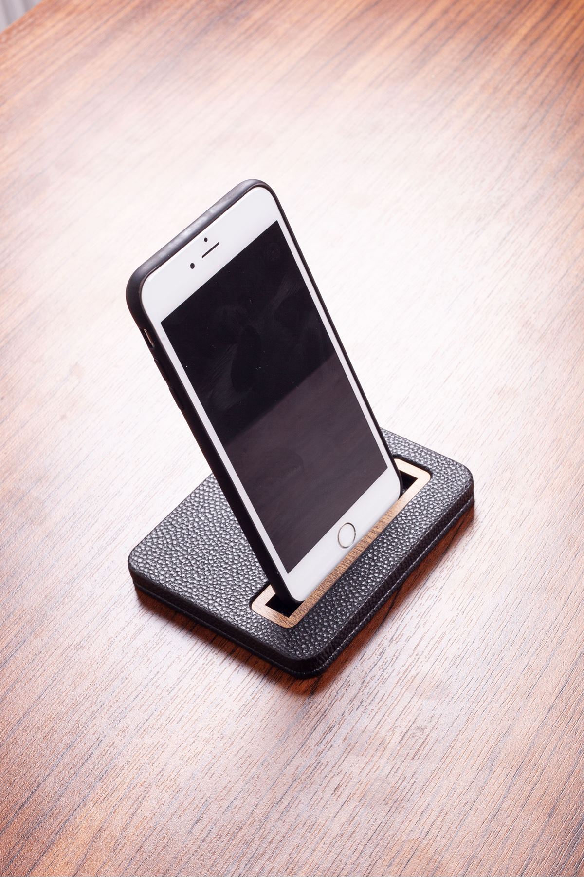Leather Phone Holder Wooden Detailed