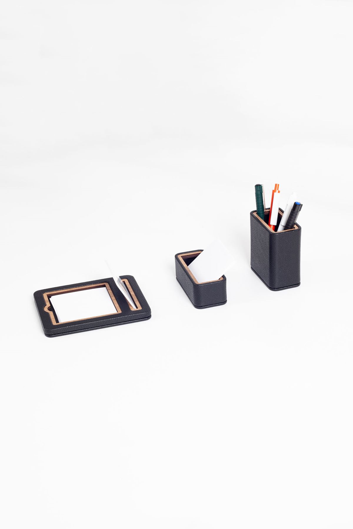 Capella Leather Desktop Set Black 3 Pieces Wooden Detailed