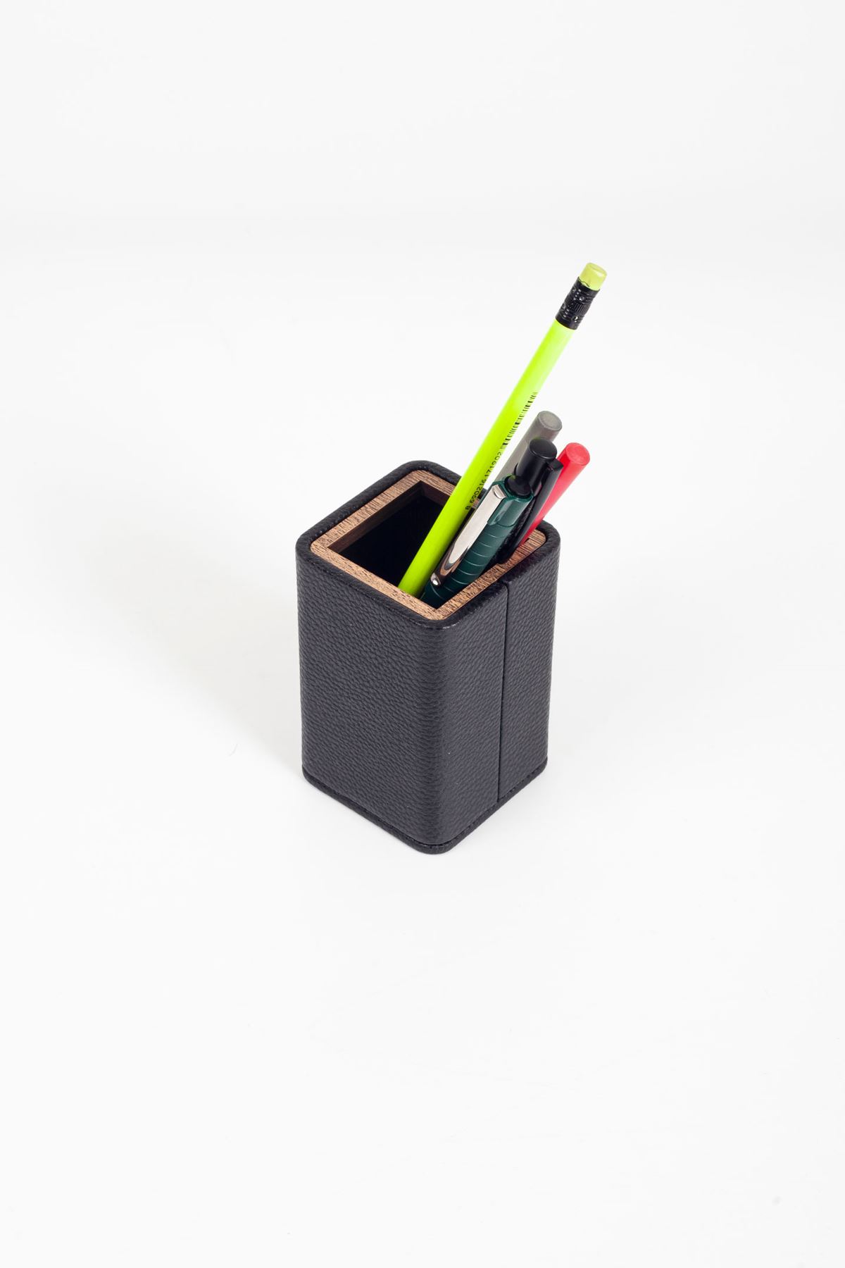 Desktop Wooden Detailed Small Pencil Holder Black