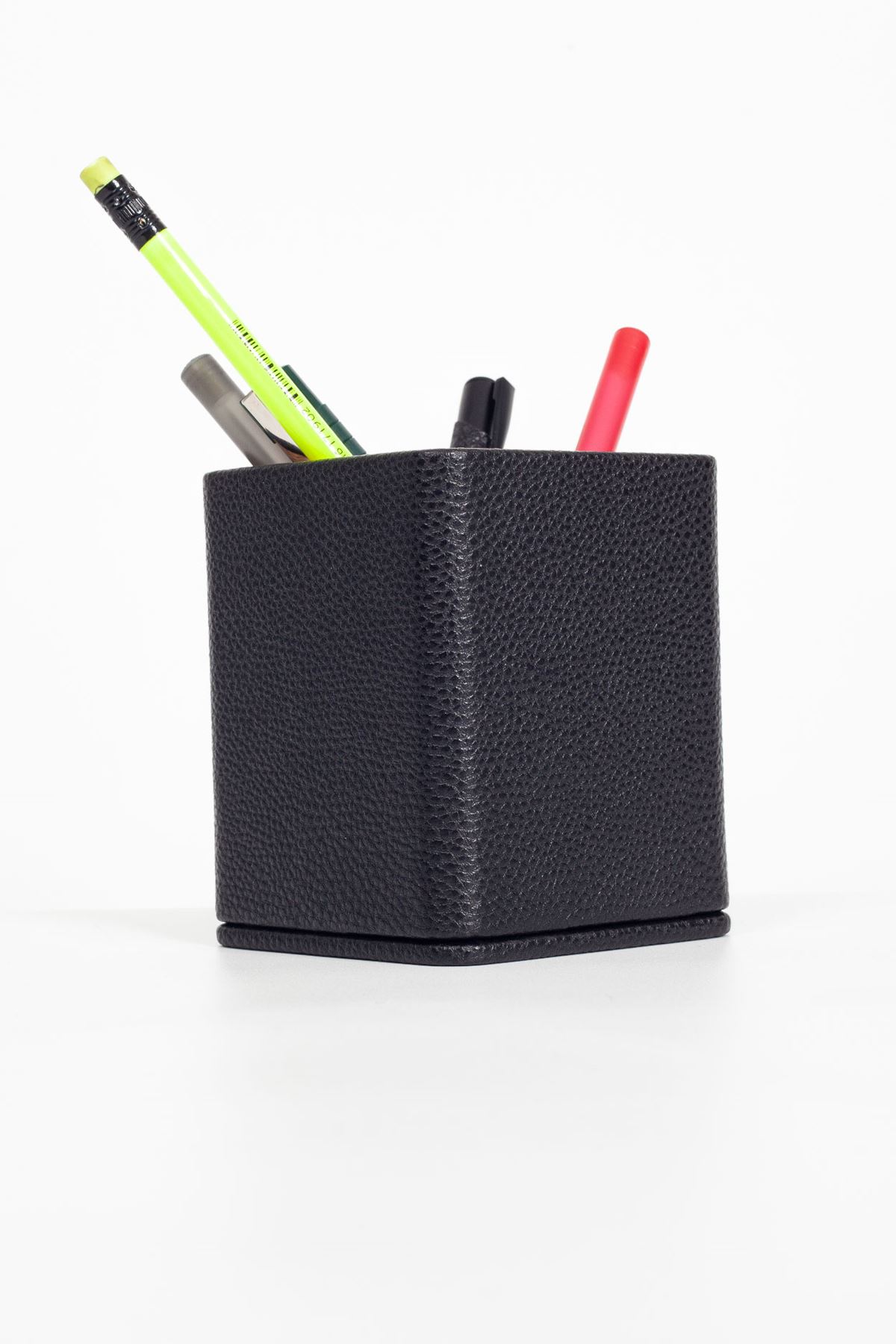 Desktop Square Wooden Detailed Pencil Holder Black