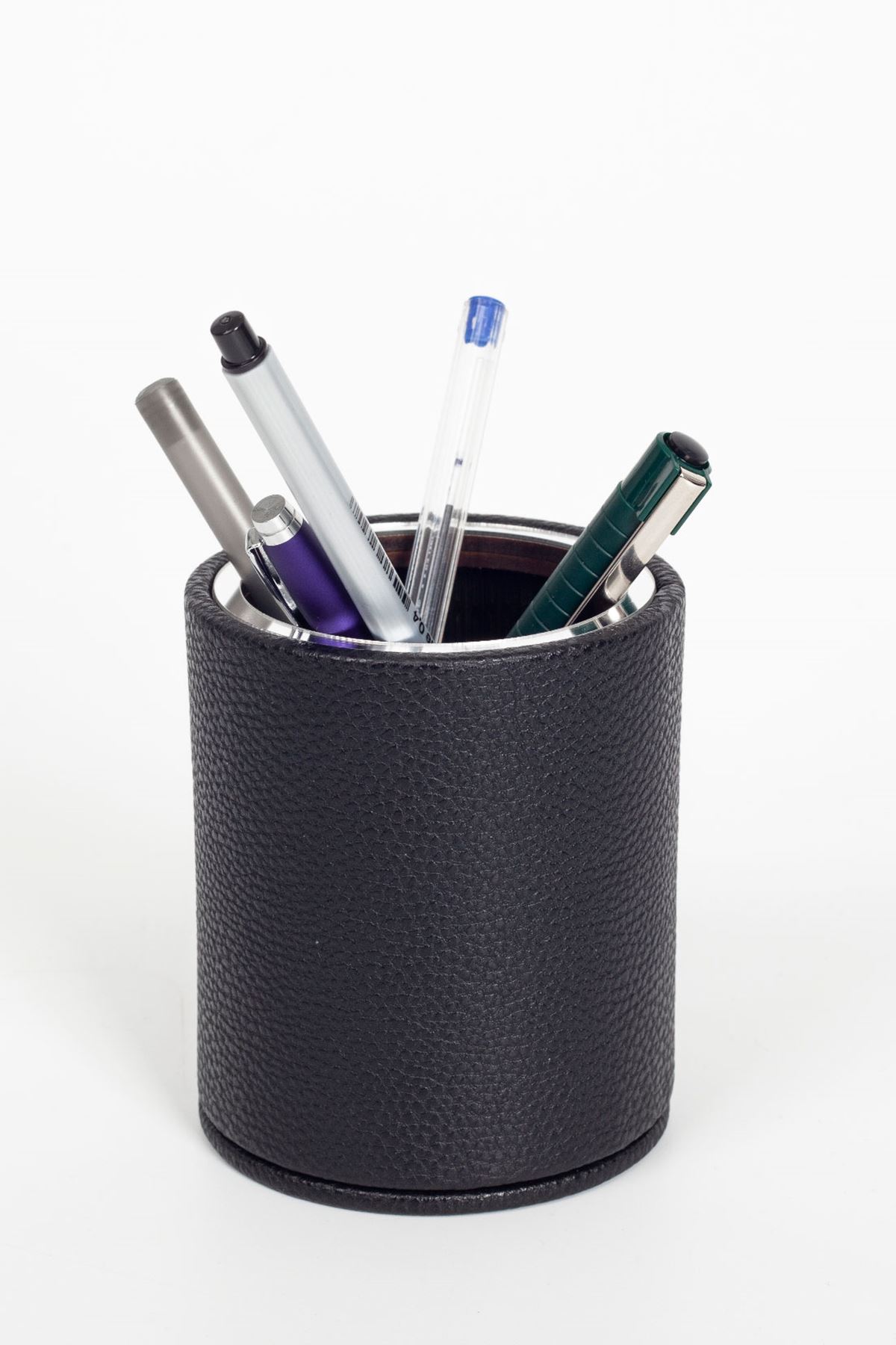 Desktop Leather Oval Chrome Detailed Pen Holder Black