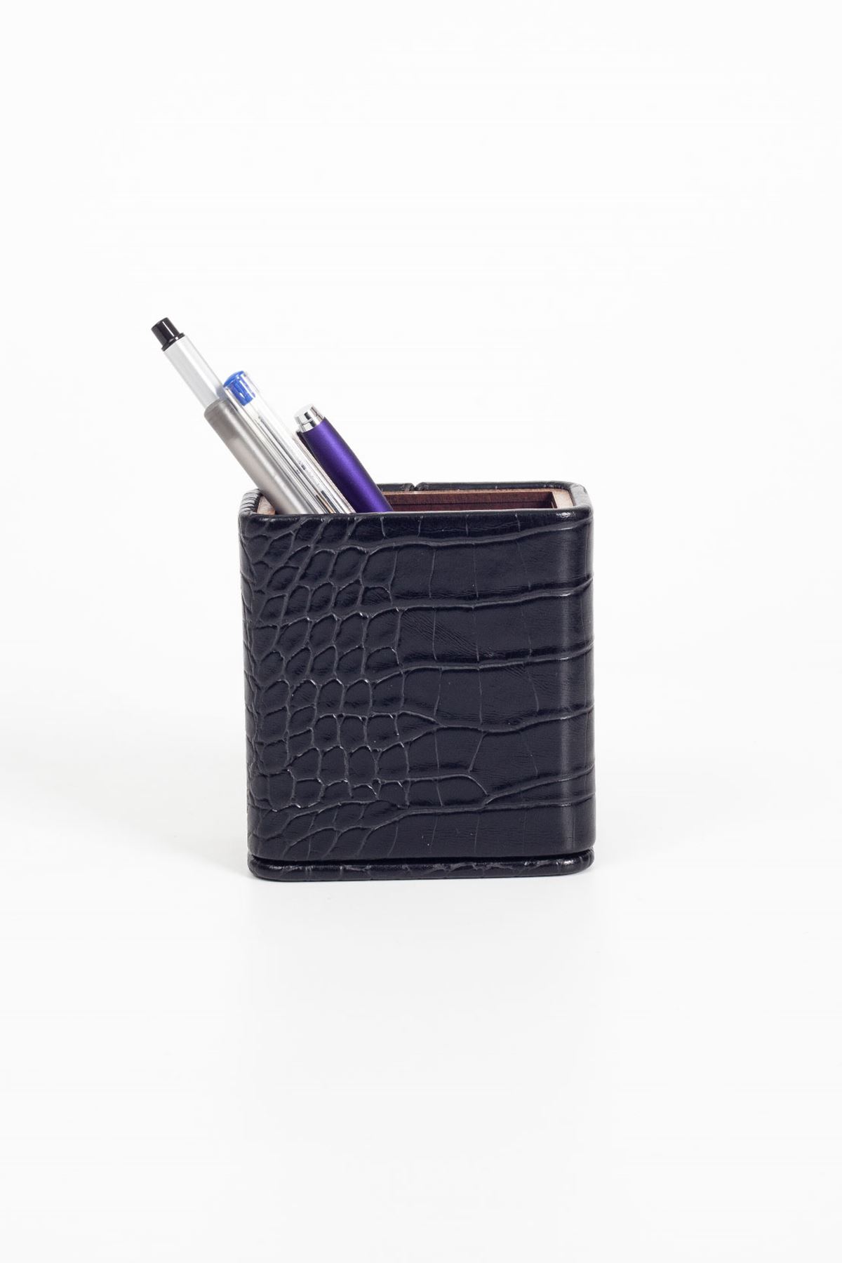 Desktop Croco Leather Pattern and Wooden Detailed Pen Holder