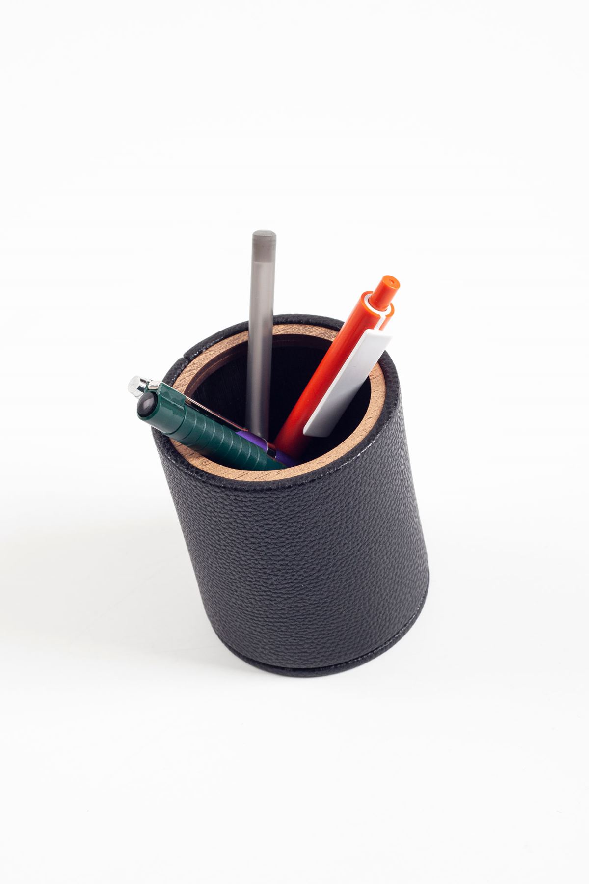 Desktop Leather Oval Wooden Detailed Pen Holder Black