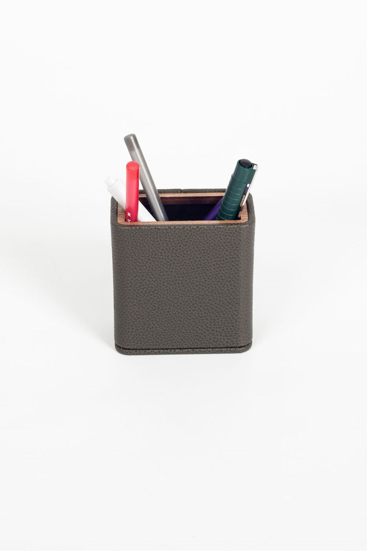 Desktop Leather Wooden Detailed Pen Holder Khaki Green
