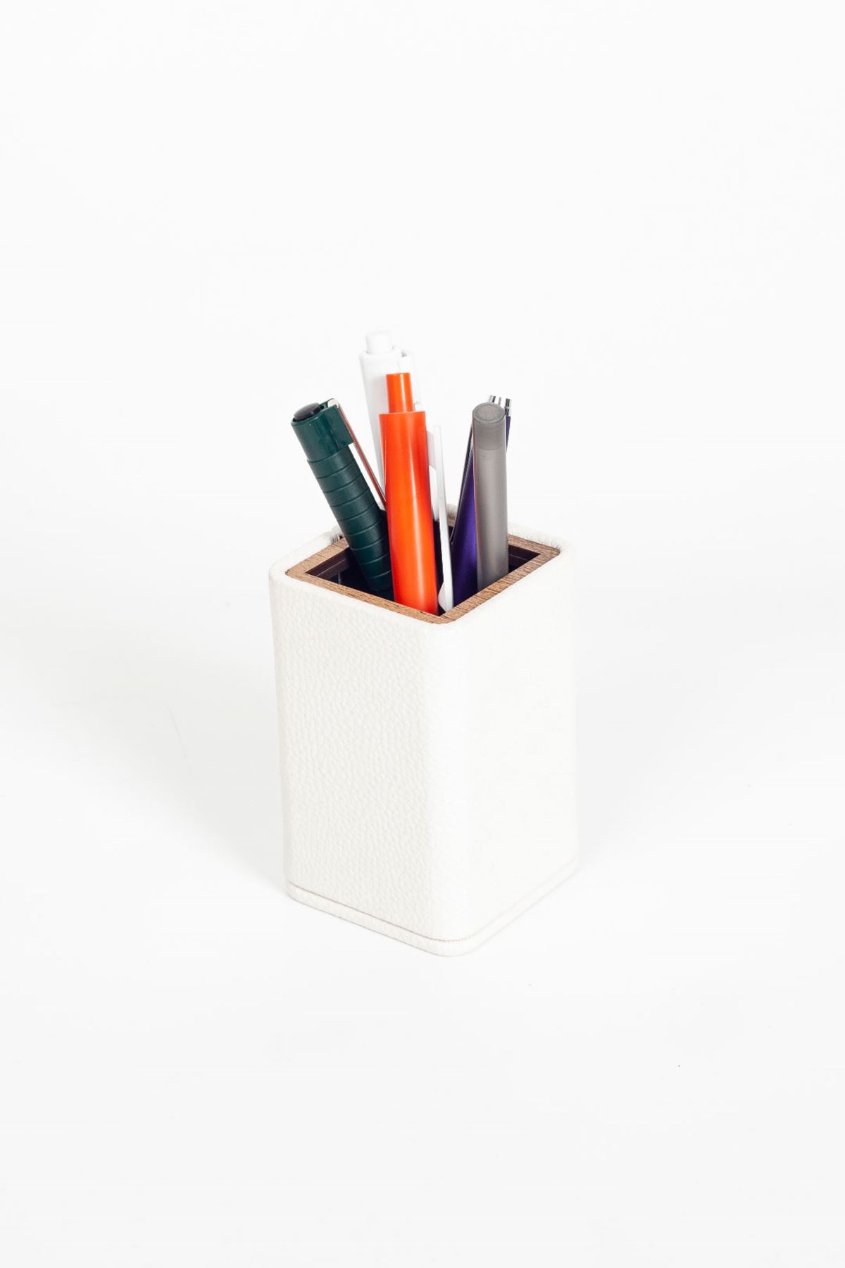 Desktop Wooden Detailed Small Pencil Holder White