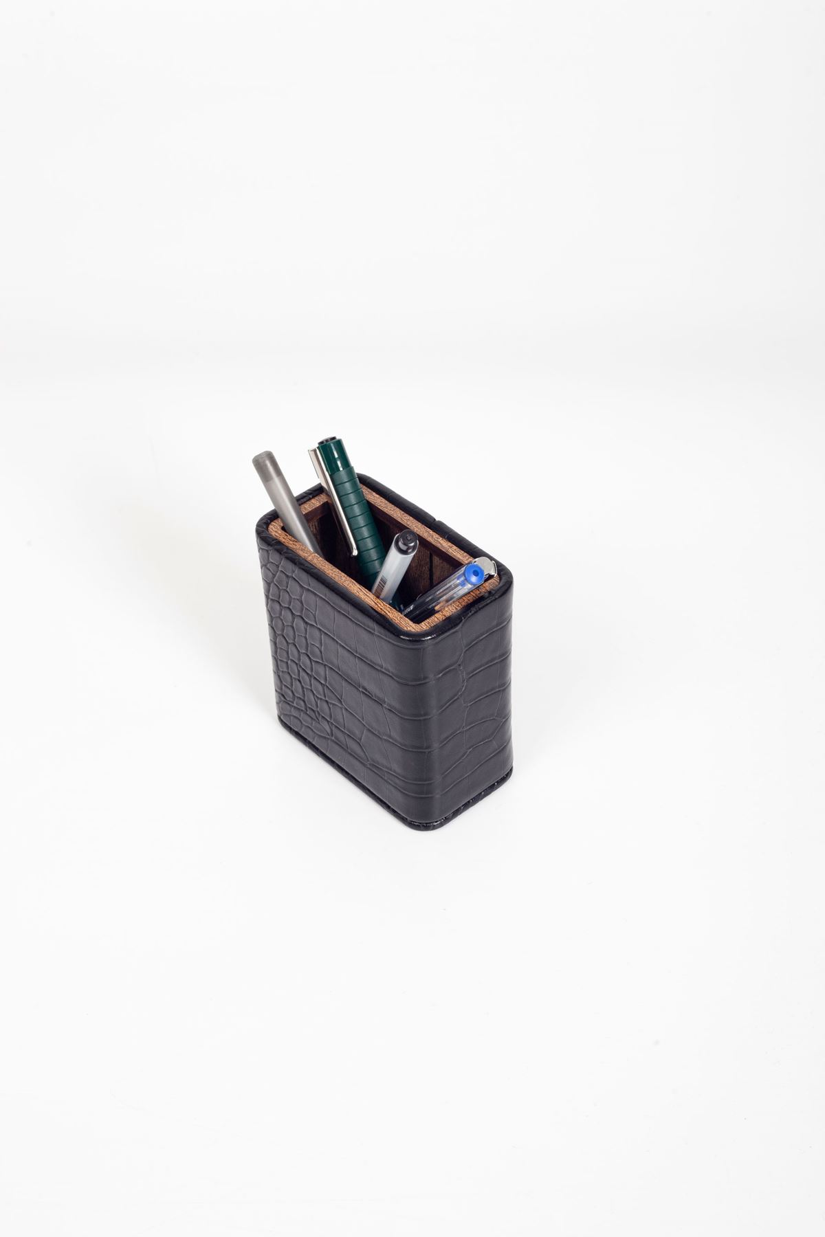 Desktop Croco Leather Pattern and Wooden Detailed Pen Holder