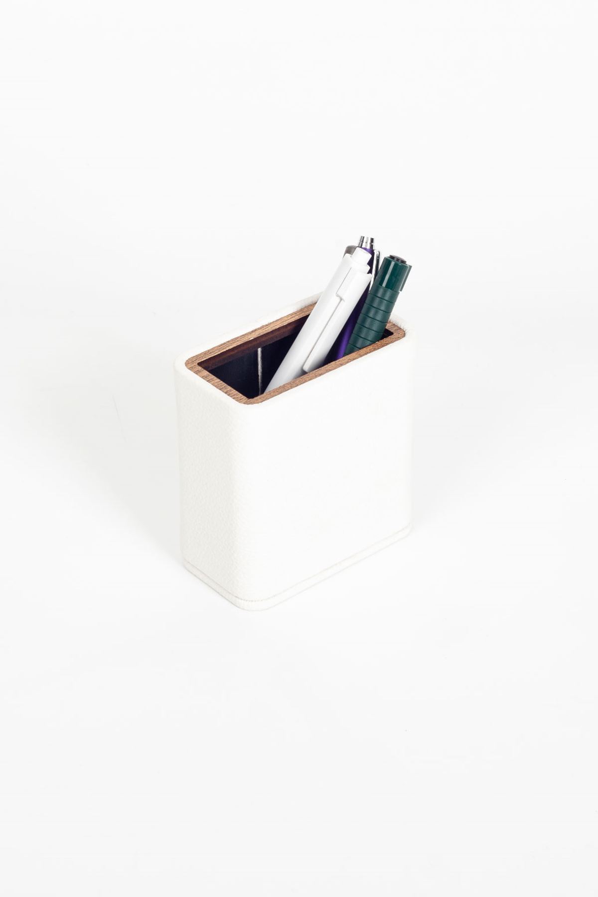 Desktop Leather Wooden Detailed Pen Holder White