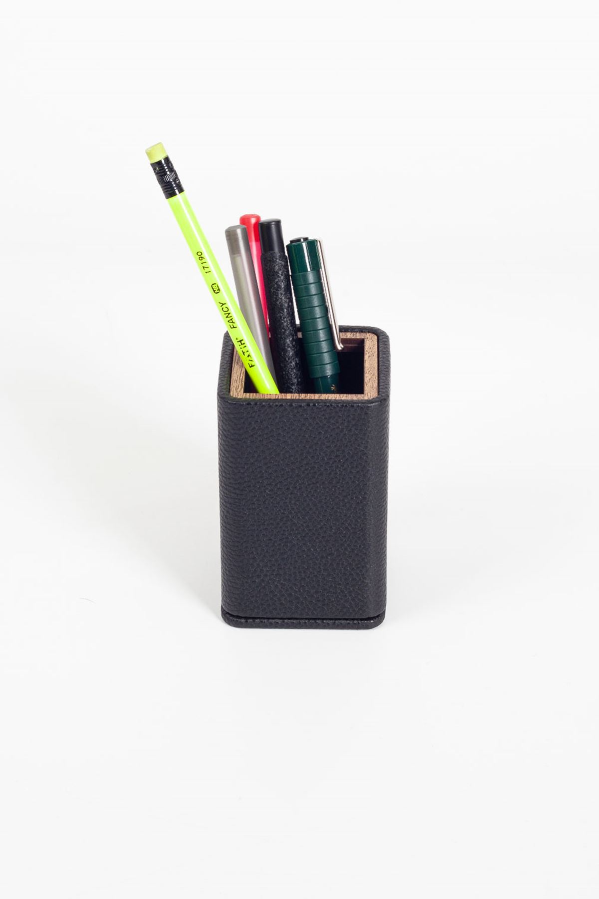 Desktop Wooden Detailed Small Pencil Holder Black