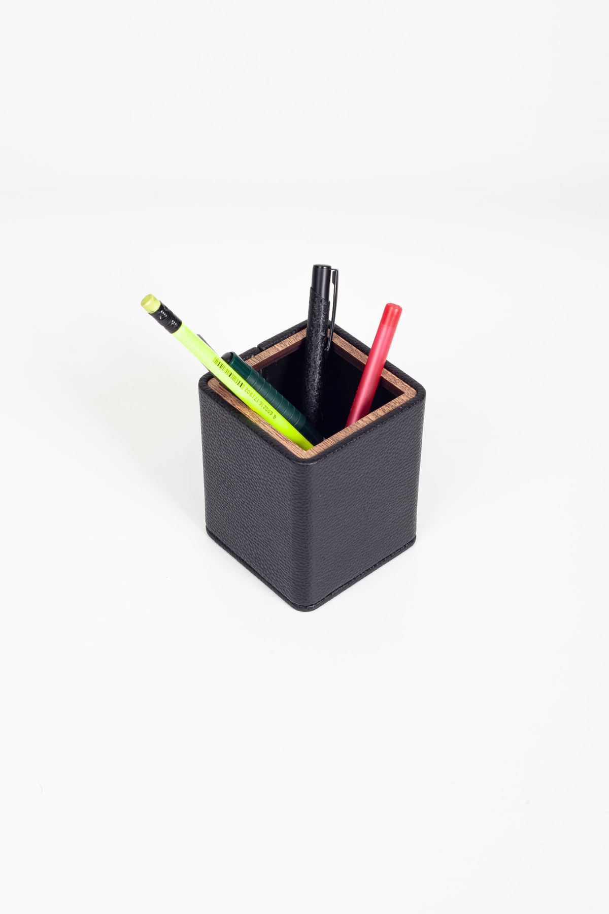 Desktop Square Wooden Detailed Pencil Holder Black