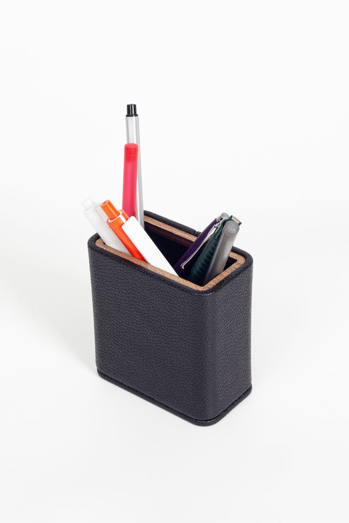 Desktop Leather Wooden Detailed Pen Holder Black