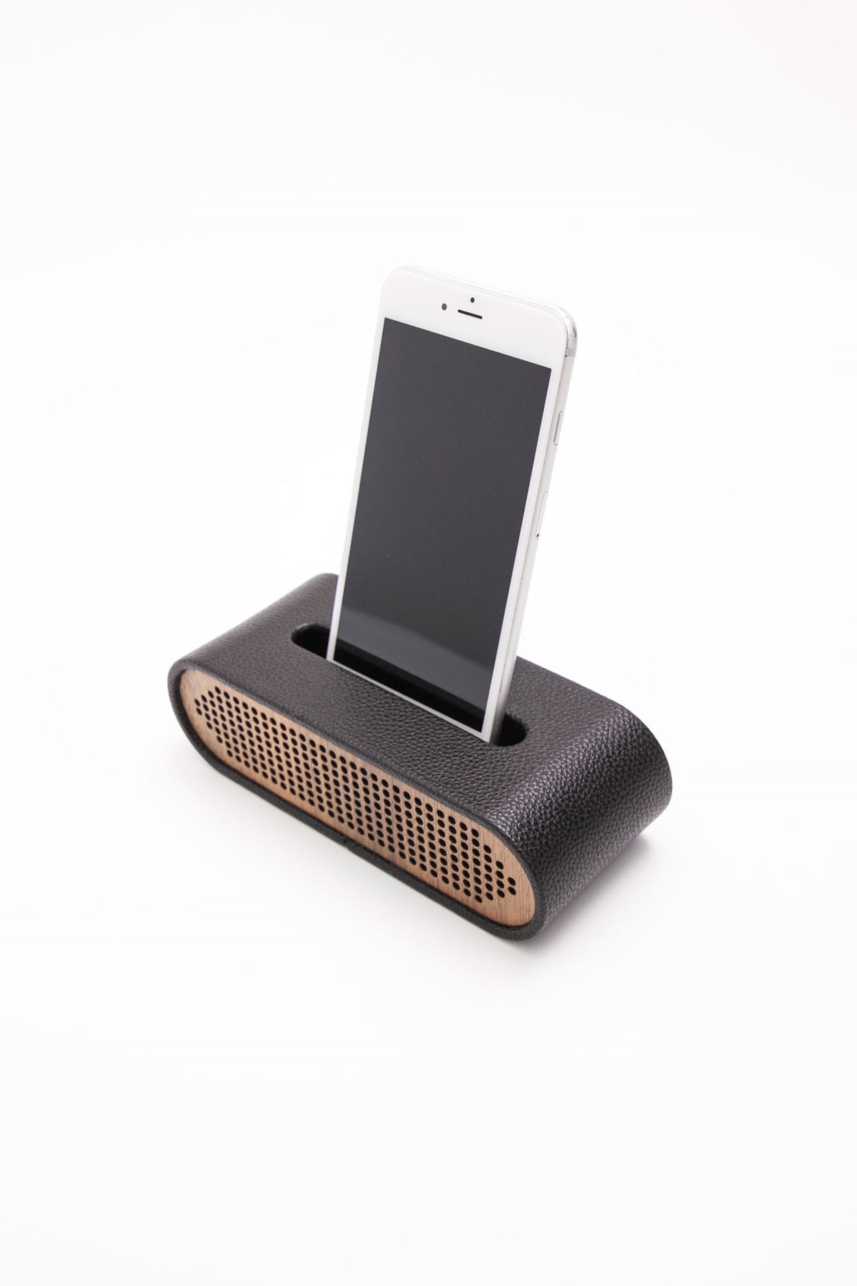 Leather Phone Holder Voice Controlled Wooden Detailed