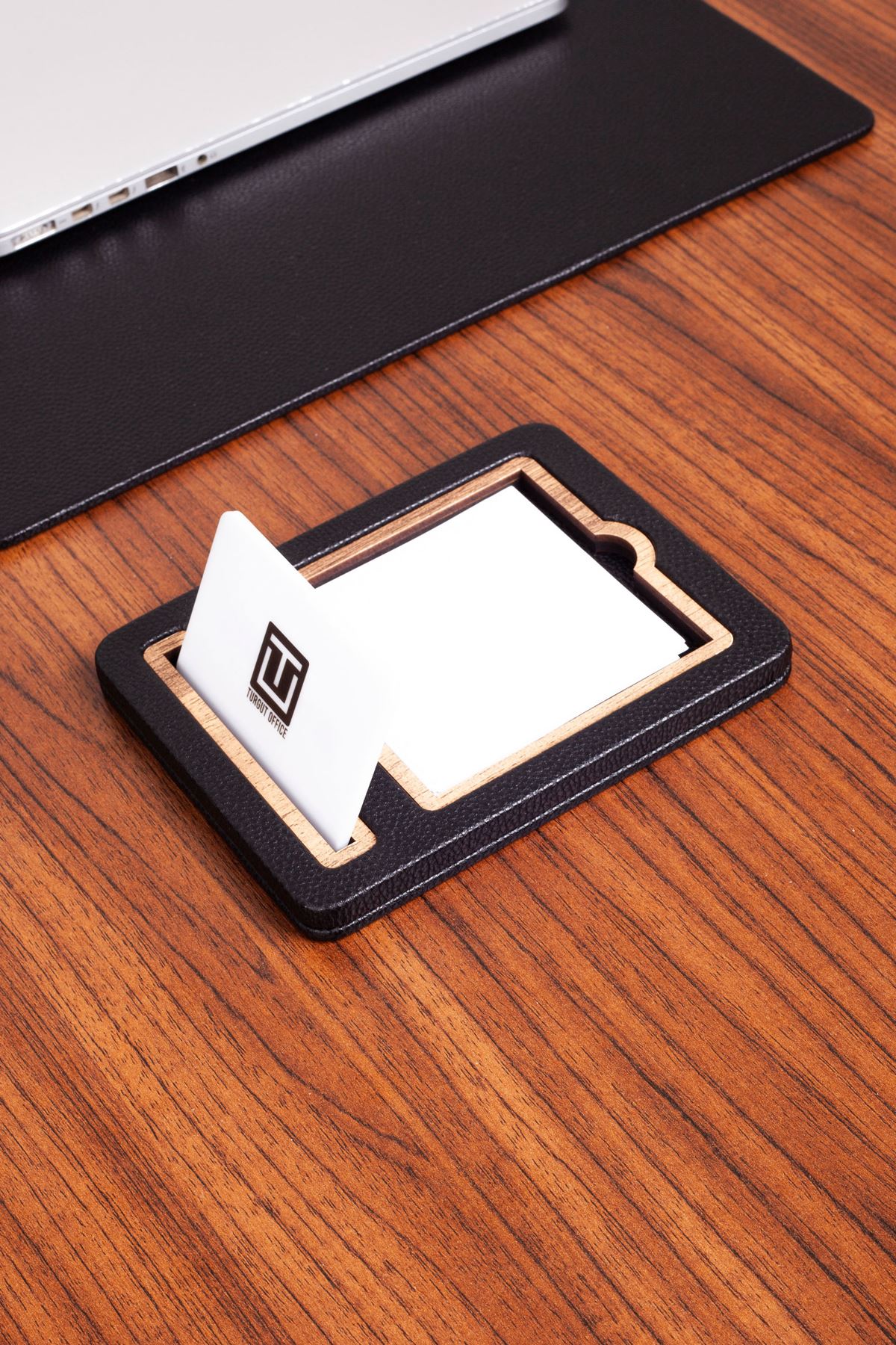 Black Leather Notepad and Business Card Holder Wooden Detailed 